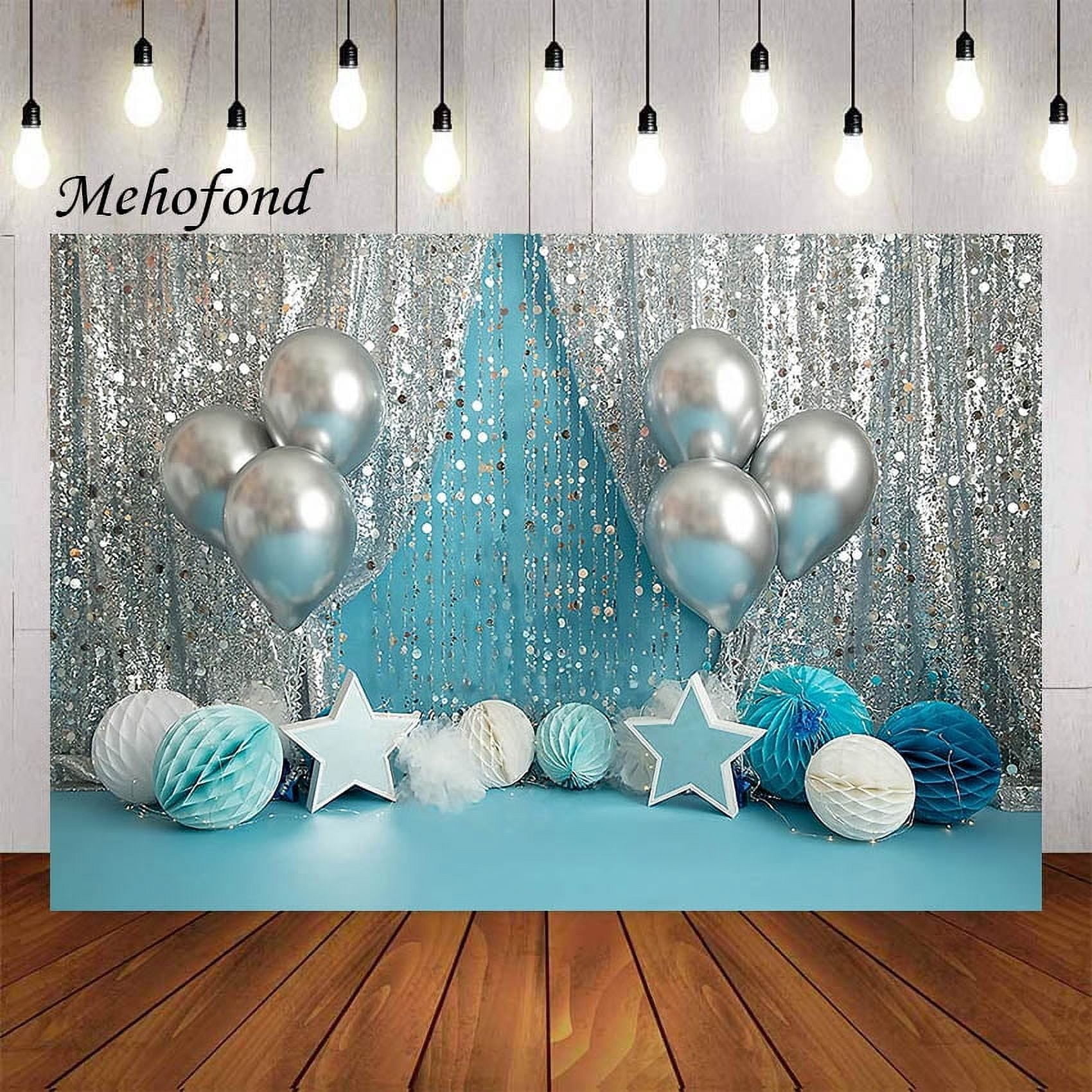 Silver Curtain Balloons Blue Stars Boy 1st Birthday Party Cake Smash r ...