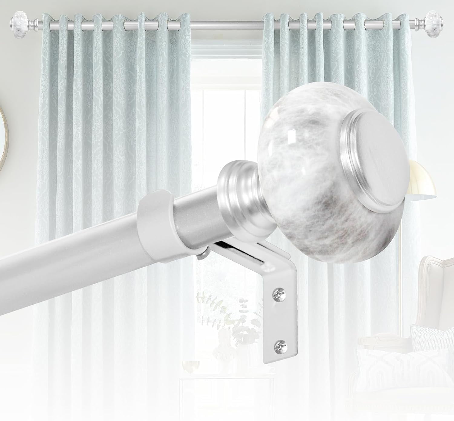 Silver Curtain Rod for Windows 36 To 88 Inches (3-7.3ft): 1 Inch Diameter Adjustable Curtain Rod - Heavy Duty Silver Curtain Rod with Marble Grain Finials