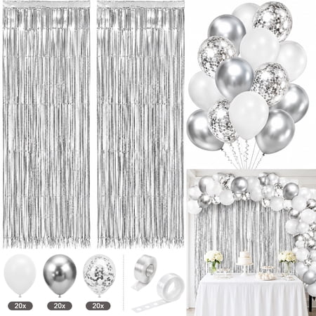 Ayieyill Silver Curtain Tinsel and Balloon Kit, 2Pcs Fringe Backdrop with White?Silver Confetti Balloons, Party Decorations, Photo Booth Wall Decor