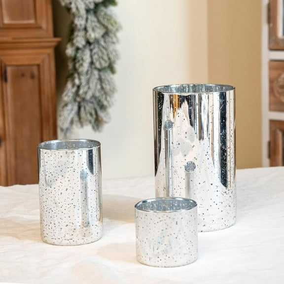 Silver Cylinder Vases Glass Candle Holders Bulk, Mercury Hurricane Candle Holder Small Flower Vases for Centerpieces Tea Light Pillar Votive Candles Wedding Decor Party (8 Set 24Pcs)