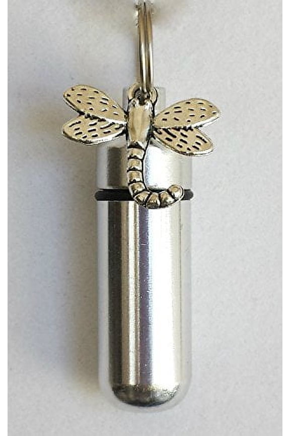 Silver DRAGONFLY CREMATION URN Keychain with Engraved Heart - Includes Velvet Pouch & Fill Kit