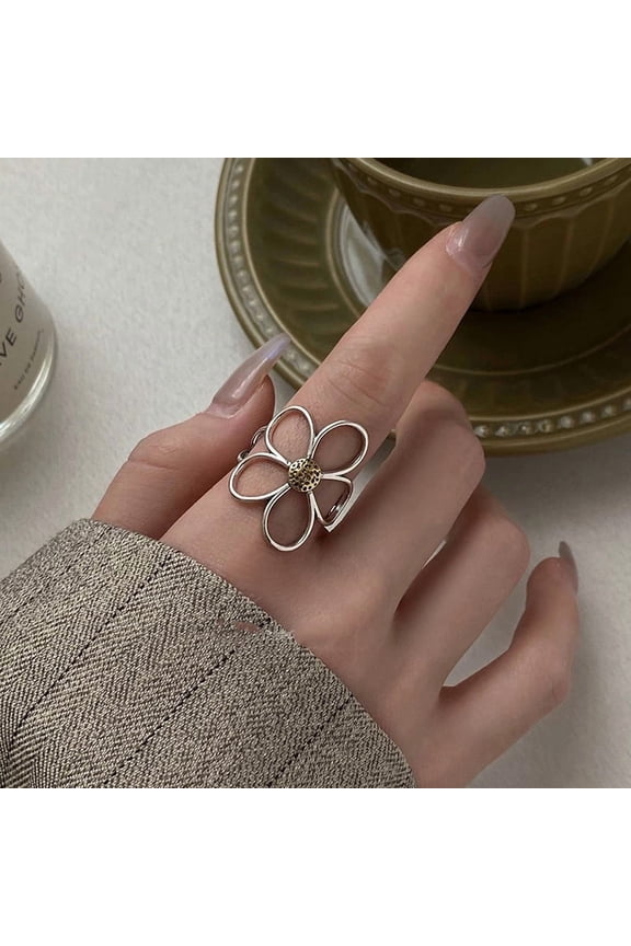 Silver Daisy Flower Ring for Women Adjustable Minimalist Elegant Open Band Sterling Silver 925 Jewelry Gift