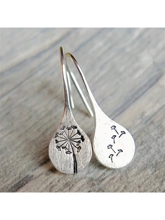 Silver Dandelion Teardrop Dangle Earrings For Women