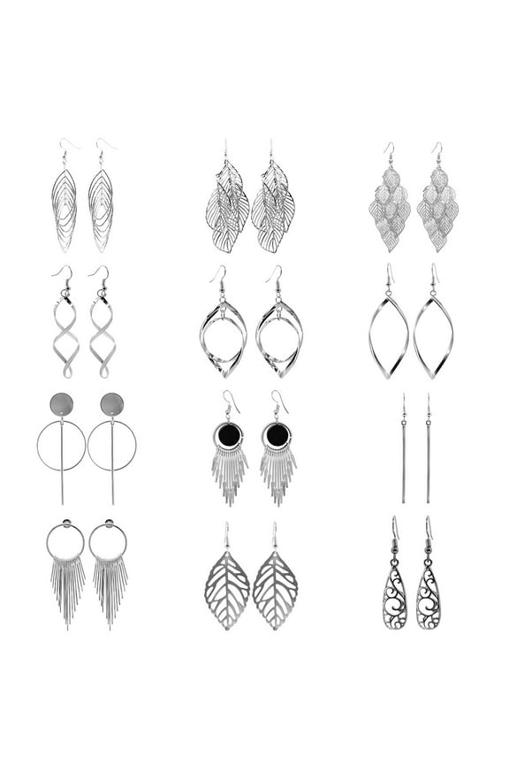 Silver Dangle Earrings Drop Dangle Earrings for Women Boho Fashion Jewelry Vintage Statement Earrings 12 Pairs