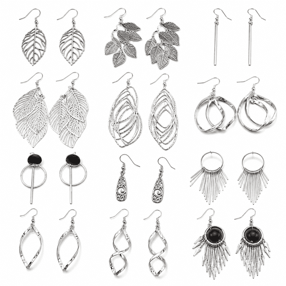 Silver Plated Dangle Earrings Drop Dangle Earrings for Women Boho Fashion Jewelry Vintage Statement Earrings 12 Pairs