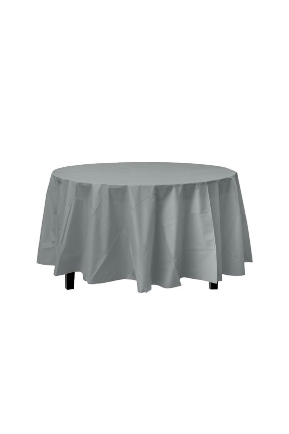 Silver Decorations | Round Silver Table Cloth | Round Plastic Table Cover - Silver - 84in. - 1 Piece (fdp91021)