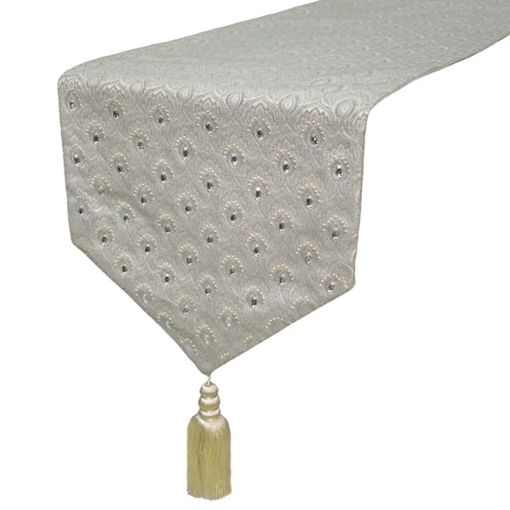 Silver Decorative 6 Seater Table Runner (14 x 72 inch) | Contemporary Jacquard Geometric Table Linen | Victorian Pattern, Tassels, Crystals Table Runner for Party, Dining Table Décor - Silver Crest