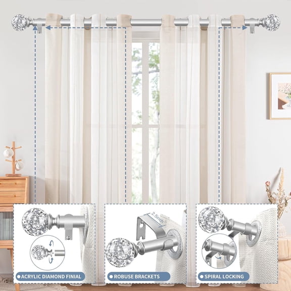 Silver Decorative Crystal Curtain Rods 2 Pack: 36-88" Heavy Duty Adjustable Window Curtains Rods for Bedroom Living Room, Nickel Modern Girly Acrylic Drapery Rod Set with Sheer Bling Foil Finials