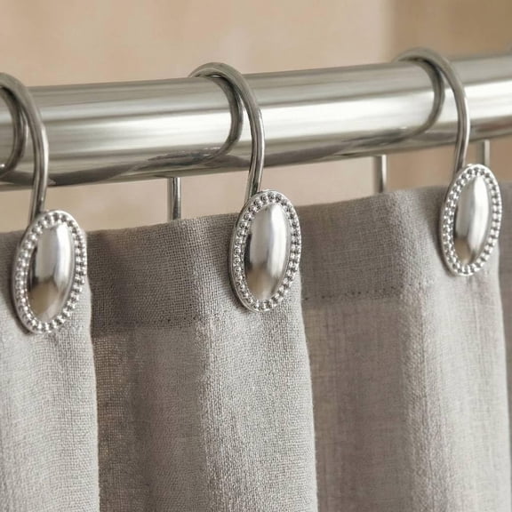 Silver Decorative Shower Curtain Hooks: 12 Pcs Chrome Oval Design Rustproof Heavy Duty Metal Rings for Bathroom - Classic Elegant Hangers Rod Set of