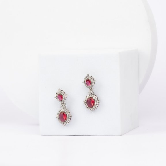 Auory Elegant Drop Earrings Featuring a Silver Deep Red Double Stone Halo Design for Women