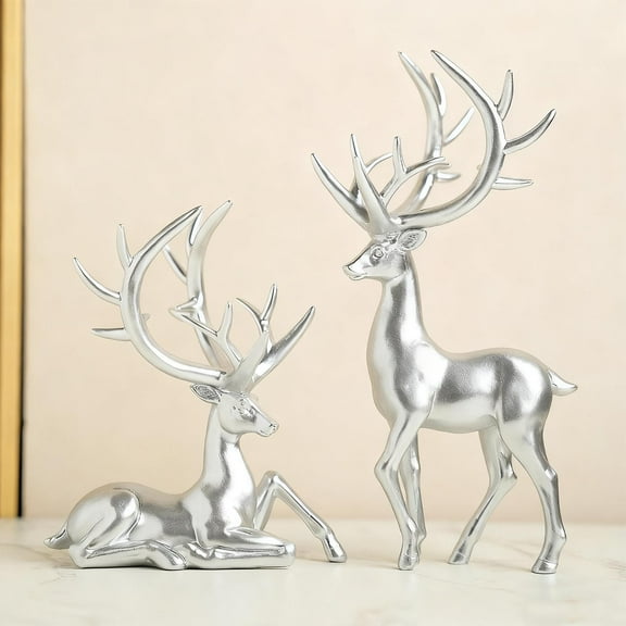 Taicans Silver Deer Figurines Set of 2 - 8.3in Tall Handmade Resin Statues,Animal Sculpture Ornaments for Home Decor,Perfect Christmas Gift,Unique Holiday Decoration for Fireplace/Mantel/Bookshelf