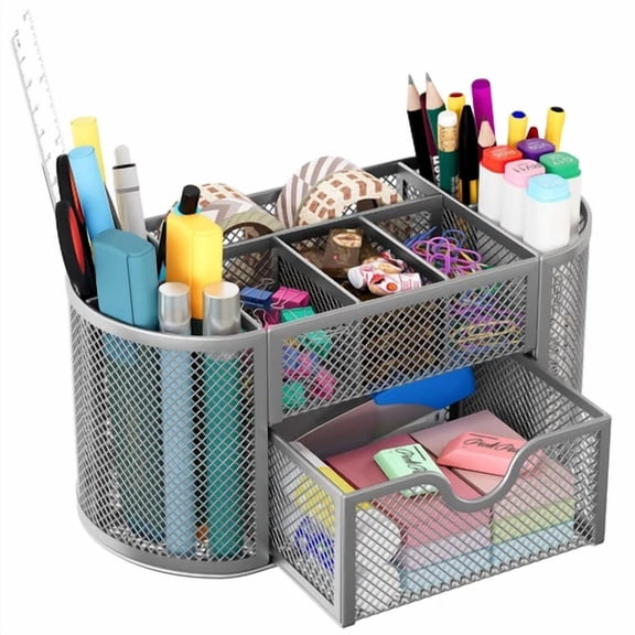 Silver Desk Organizer With 9 Compartments And Sliding Drawer For Office Home
