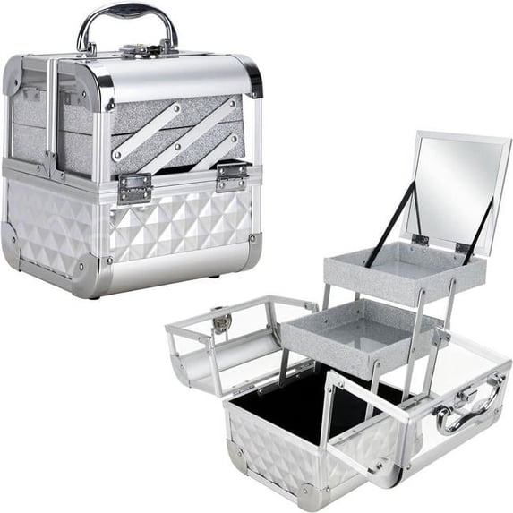 Ver Beauty VK005-84 Silver Diamond Armored Acrylic 2-Tiers Extendable Trays Cosmetic Makeup Train Case with Mirror