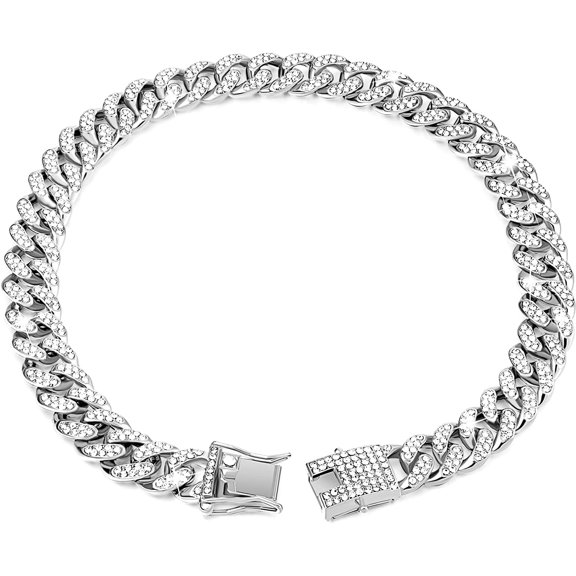 Silver Diamond-Embellished Cuban-Style Metal Dog Collar Chain with Secure Buckle, 24 Inch