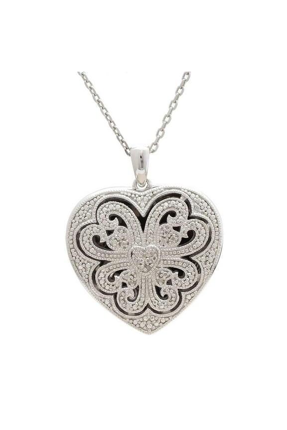 Silver Diamond Filigree Heart Locket Necklace