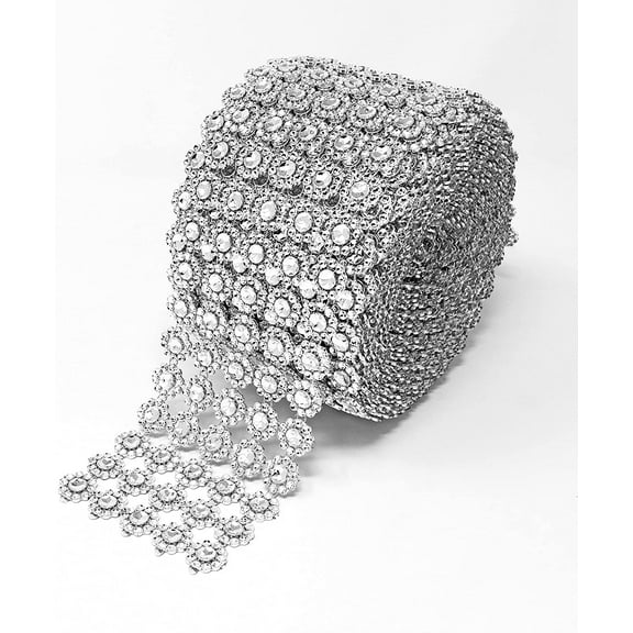 Silver Diamond Flower Shape Mesh Wrap Roll Faux Rhinestone Crystal Ribbon 4" x 10 yards (30 ft)