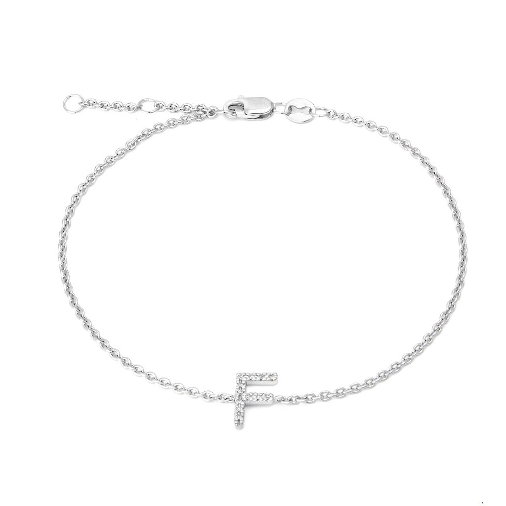 Silver Diamond Initial F Bracelet 7+1"