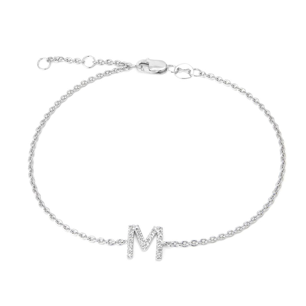 Sterling Silver Letters Single Micro Pave Diamond Bracelet (Silver Diamond P Initial Bracelet 7+1)