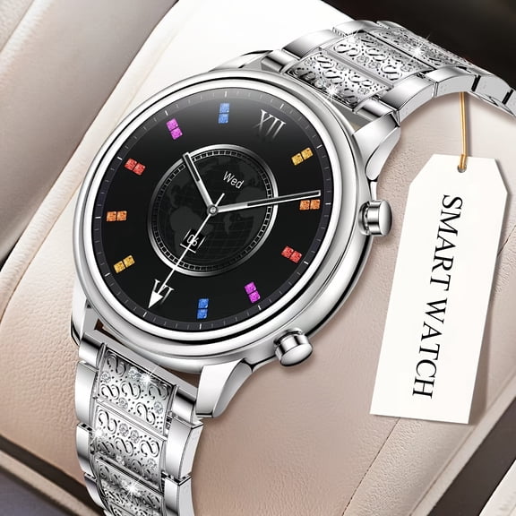Silver Diamond Round Women Smart Watch, Bluetooth Call & Fitness Monitor, Stainless Steel Bracelet for iOS & Android