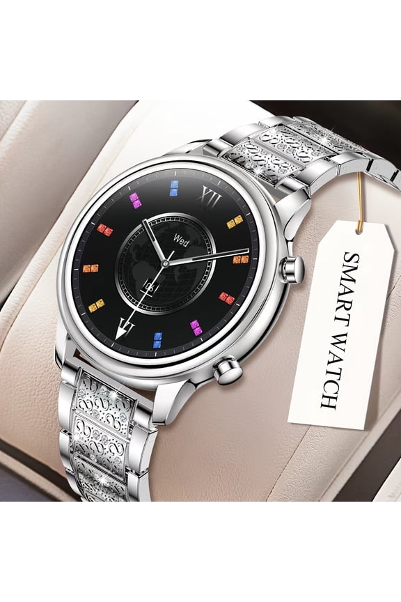 Silver Diamond Round Women Smart Watch, Bluetooth Call & Fitness Monitor, Stainless Steel Bracelet for iOS & Android