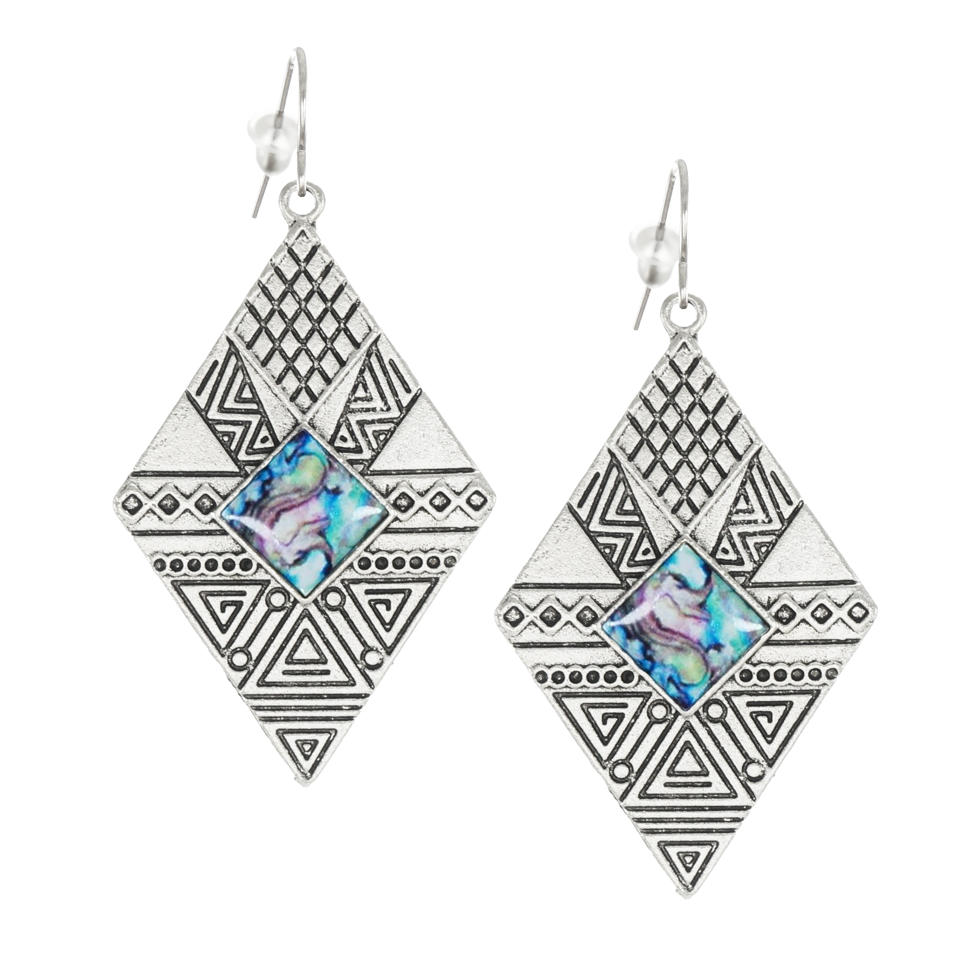 Silver Diamond Shape Blue Inlay Aztec Inspired Statement Earrings ...