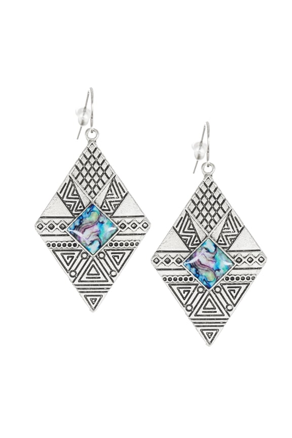 Silver Diamond Shape Blue Inlay Aztec Inspired Statement Earrings, Hypoallergenic Platinum Ear Wires