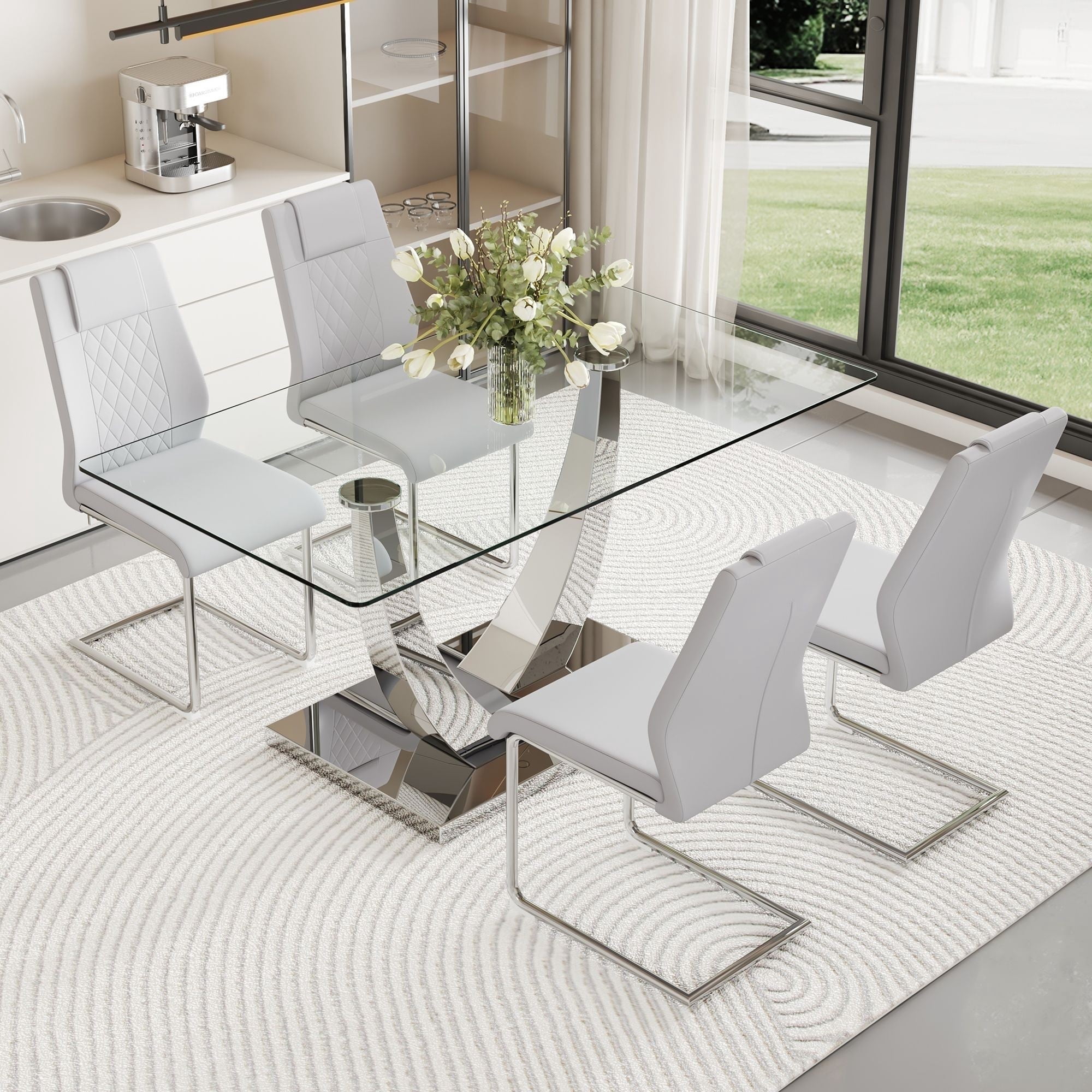 SUDICA 5-Piece 63" Glass Dining Table Set, Rectangular Tempered Top ...
