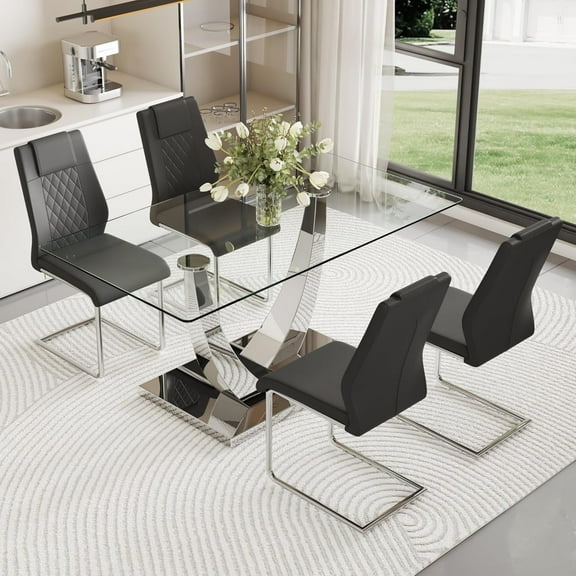 SUDICA 5-Piece 63" Glass Dining Table Set, Rectangular Tempered Top with Silver Metal U Base and 4 Black PU Leather Chairs for Dining Room Kitchen