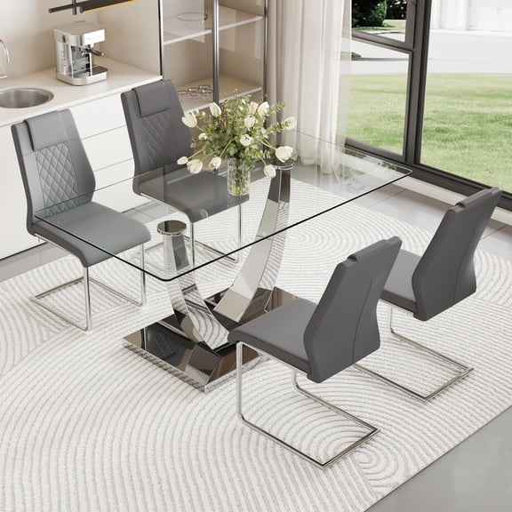 SUDICA Dining Table Set for 4, 63" Rectangular Tempered Glass Top, Silver Metal Base, 5-Piece for Dining Room Kitchen