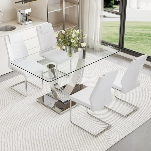 SUDICA 5-Piece 63" Glass Dining Table Set, Rectangular Tempered Glass Top with Silver Metal U Base and 4 White PU Leather Chairs for Dining Room