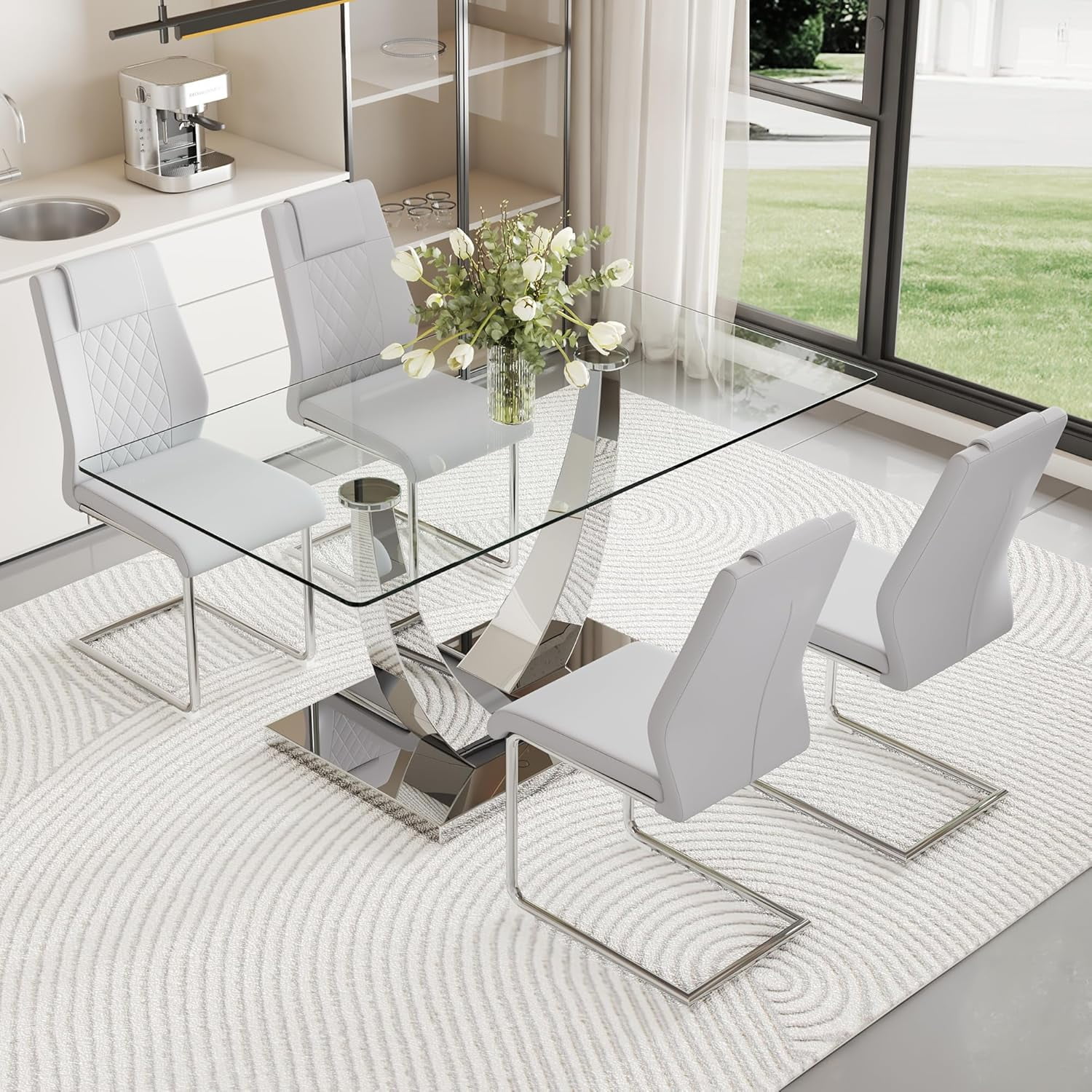 Silver Dining Table Set for 4,5PCS Glass Dining Room Table Set for 4 ...