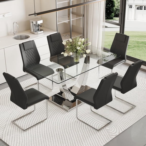 SUDICA Dining Table Set, 7-Piece 63" Rectangular Tempered Glass Top, Silver Metal U Base, 6 Black PU Leather Chairs, Dining Room