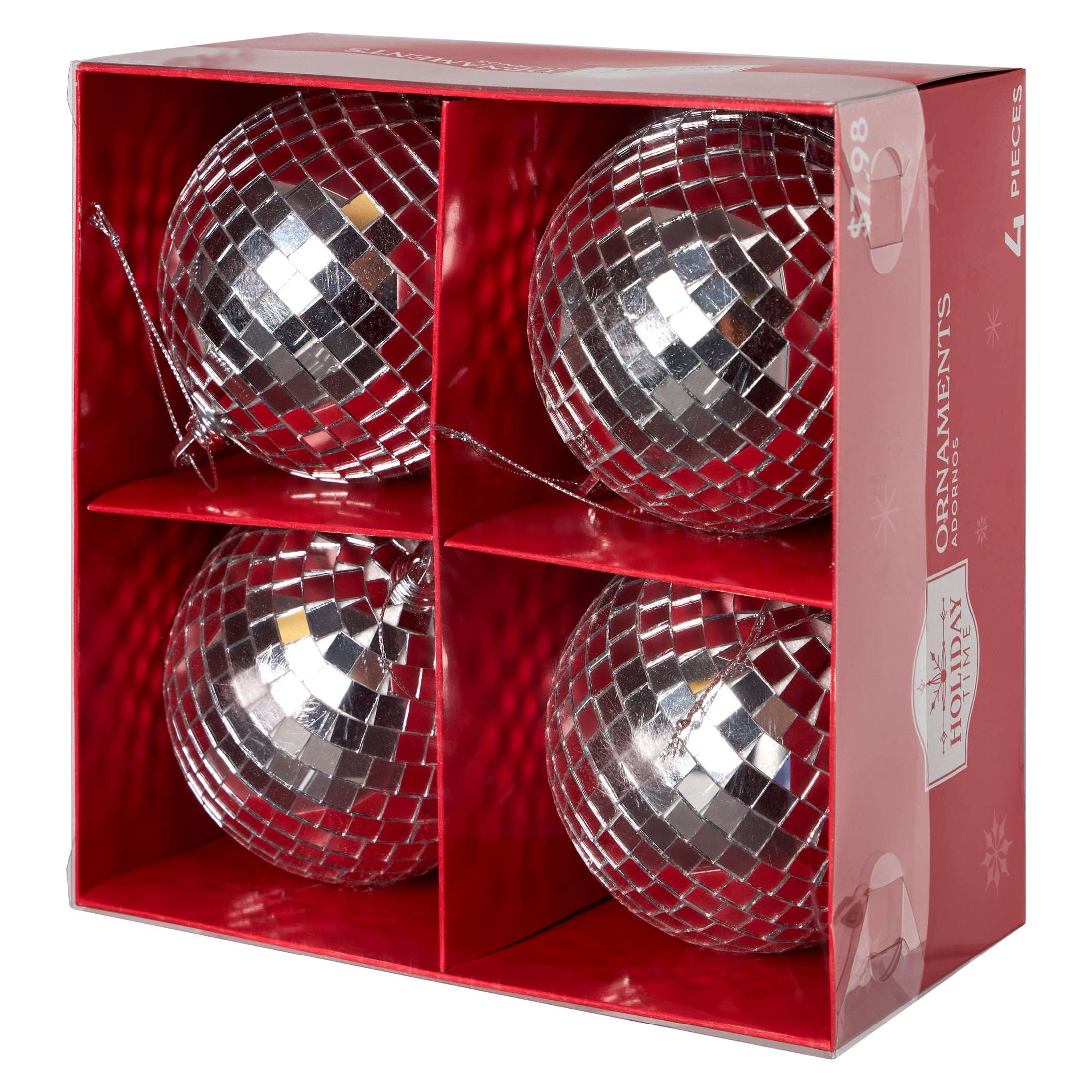 Silver Disco Ball Christmas Ornaments, 4 Count, by Holiday Time
