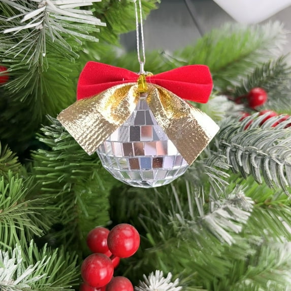 Silver Disco Ball Christmas Ornaments with Bow, 2" Mini Reflective Disco Ball Party Hanging Decorations, Christmas Tree Hanging Ornaments Balls for Stocking Stuffer Disco Party Winter Gift
