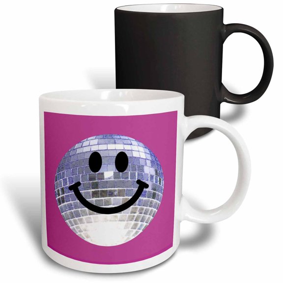 3drose, Silver Disco Ball Smiling Face - Seventies 70s Style Discoball Dance Hall Diva Smilie on Purple Pink, 11oz Magic Transforming Mug