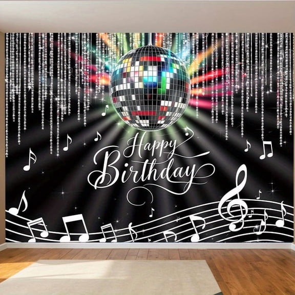 Silver Disco Birthday Backdrop Music Notes Colorful Dance Ball Birthday Background for Home & Room Decoration, Photo Prop Banner