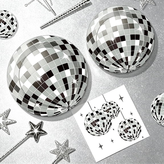 Silver Disco Party Supplies - Retro Mirror Ball Design Tableware Set for Theme Parties & Celebrations
