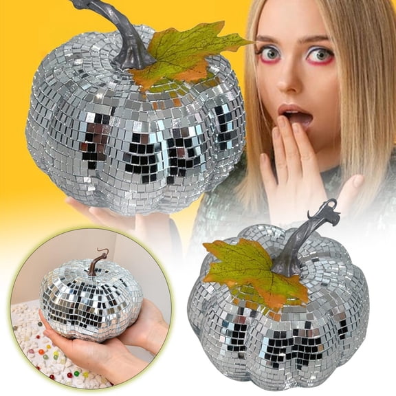 Silver Disco Pumpkin Table Centerpiece,Faux Glass Mirror Tile Halloween Ornament, Reflective Disco Ball Pumpkin For Thanksgiving & Spooky Glam Home Decor 6.29X5.11X5.11" New