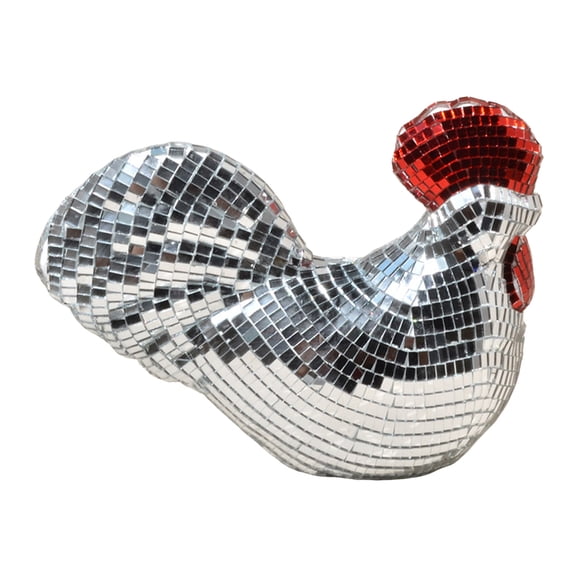 Silver Disco Rooster Figurine with Mirrored Mosaic Finish for Party and Tabletop Decor