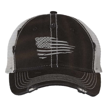 Silver American Flag Trucker Hat Distressed Embroidered Mesh Cap with Adjustable Strap (Black)