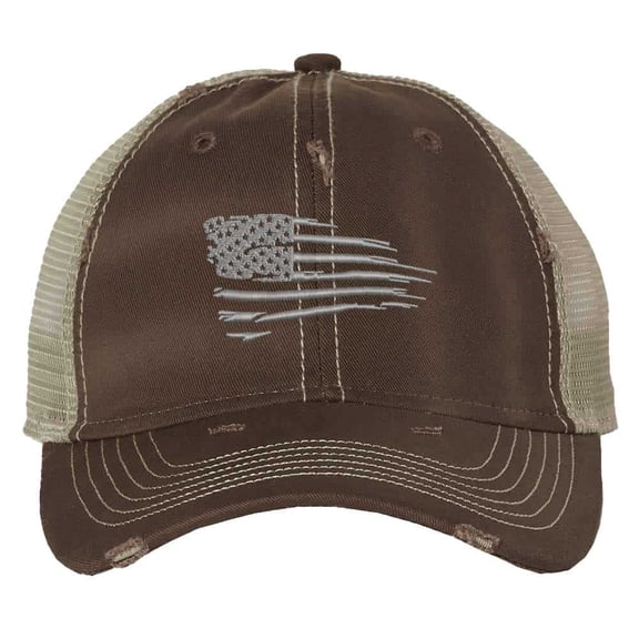 Silver American Flag Trucker Hat Distressed Embroidered Mesh Cap with Adjustable Strap (Brown)