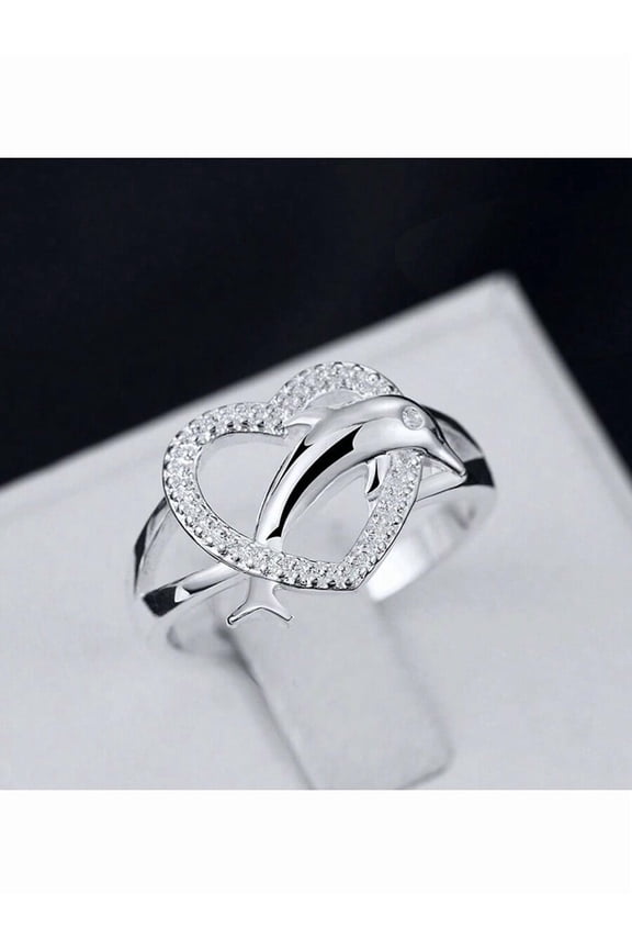 Silver Dolphin Heart Ring With Cubic Zirconia For Women Fashion Jewelry