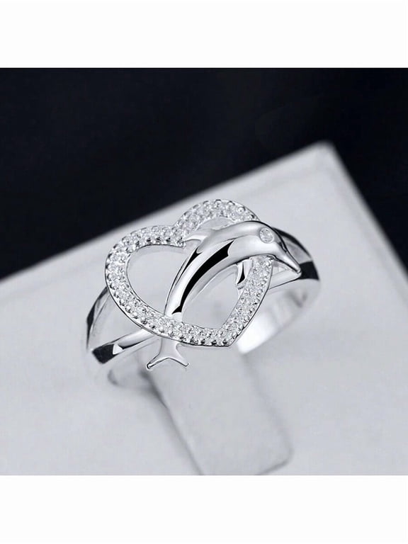 Silver Dolphin Heart Ring With Cubic Zirconia For Women Fashion Jewelry