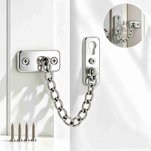 Silver Door Chain Security Latch Guard, Spring Press Anti-Theft Door Lock Chain, Heavy Metal Door Safety Chain for Bedroom, Rental House, Hotel Room Doors