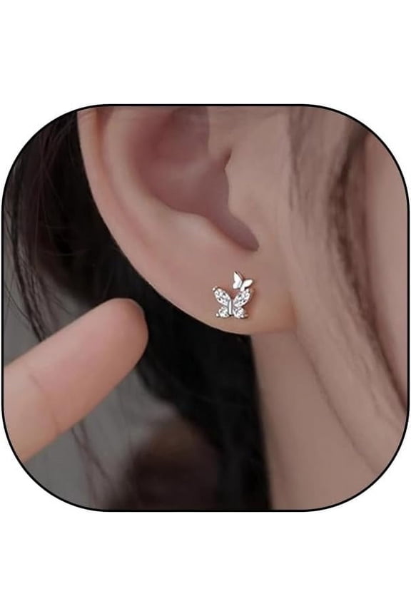 Silver Double Butterfly Crystal Stud Earrings, Dainty Shining Birthstone Birthday Gift Tiny Earrings, Sparkling Zircon Jewelry