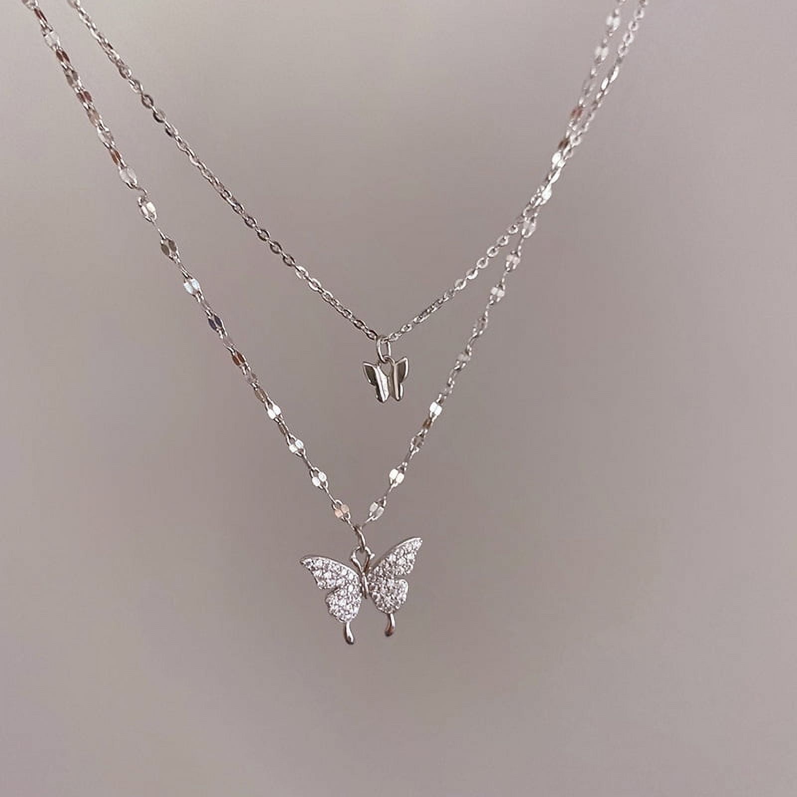 Silver Double Butterfly Pendant Clavicle Chain Women S Necklace