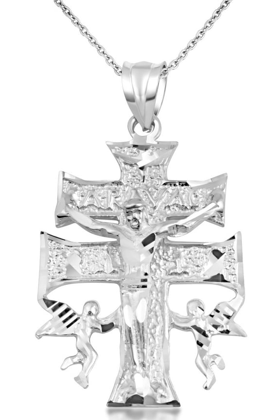 Silver Double Cross Necklace - Caravaca Crucifix Jesus Pendant (Pendant With 16" Chain)