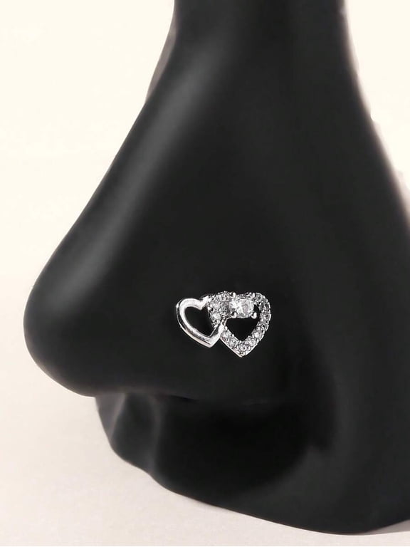Silver Double Heart L-Shaped Nose Ring Stud For Women, Elegant Everyday Fashion Jewelry