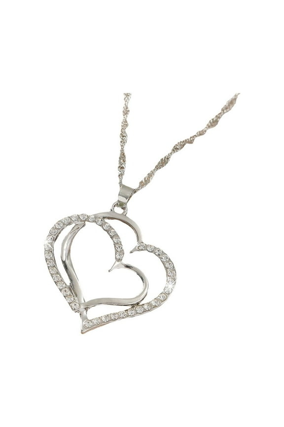 Silver Double Heart Necklace And Earring Set With Alloy Material, Elegant Design And Complete Jewelry For Couples, Anniversary And Special Occasions 11X7X1Cm