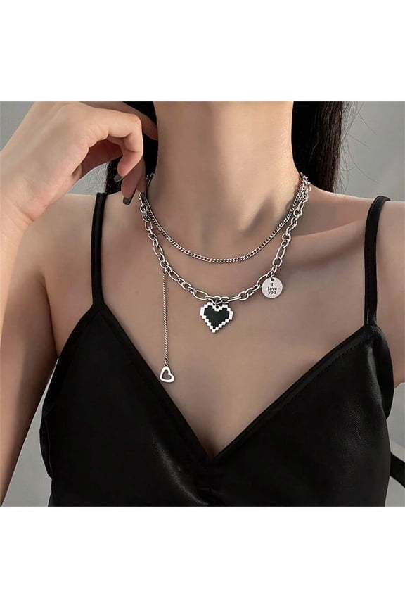 Silver Double Layer Chain Necklace With Pixel Heart Pendant For Women